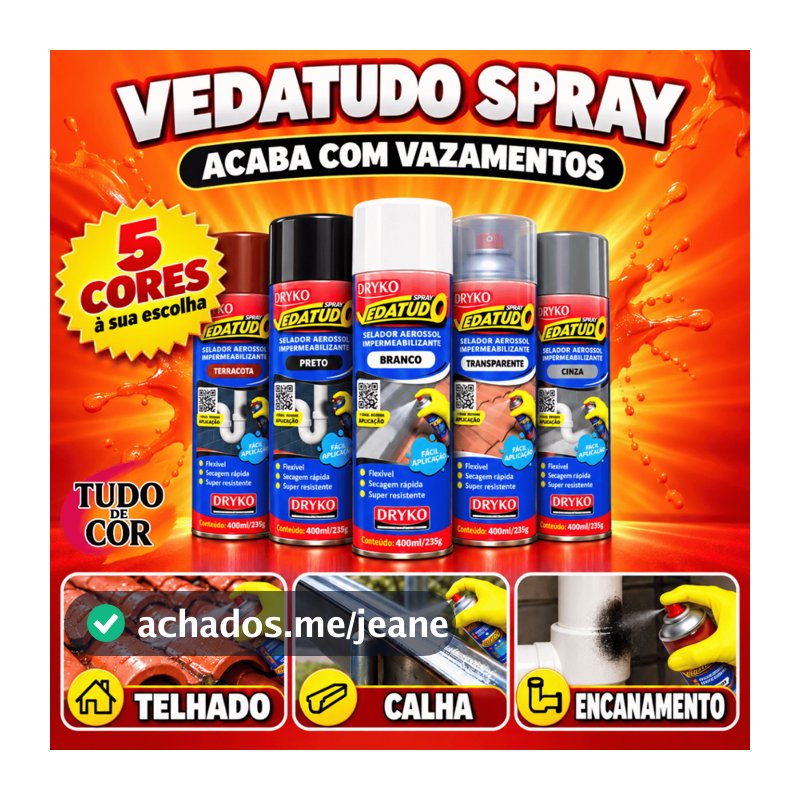 Spray Impermeabilizante VedaTudo 400ml/235g Dryko Emborrachado Impermeável Cores