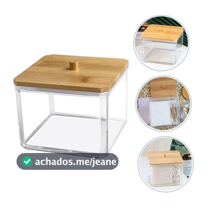 OFERTA Organizador Acrílico Com Tampa De Bambu 9.3x9x7cm Utensilio Para Banheiro Penteadeira Organizador