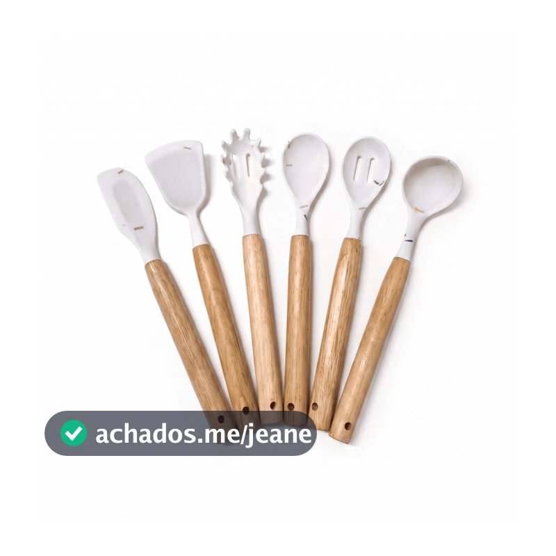 Kit Mini Utensilio De Cozinha Silicone Cabo Madeira 6 Peças