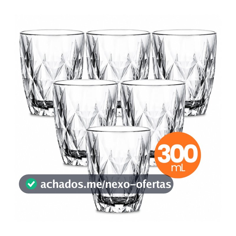 Jogo 6 Copo Vidro Diamond 300ml Conjunto Mesa Posta Água Suco Cozinha Decoração Presente