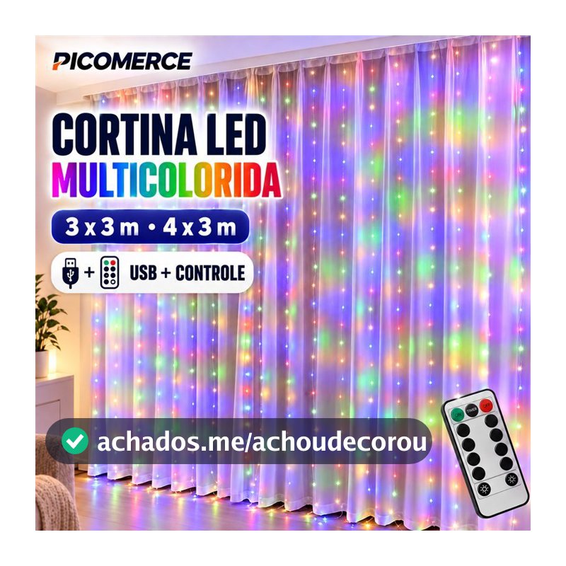 Cortina de Luz LED Multicolorida 3x3m ou 4x3m USB com Controle Remoto, 8 Modos para Festa e Decoração