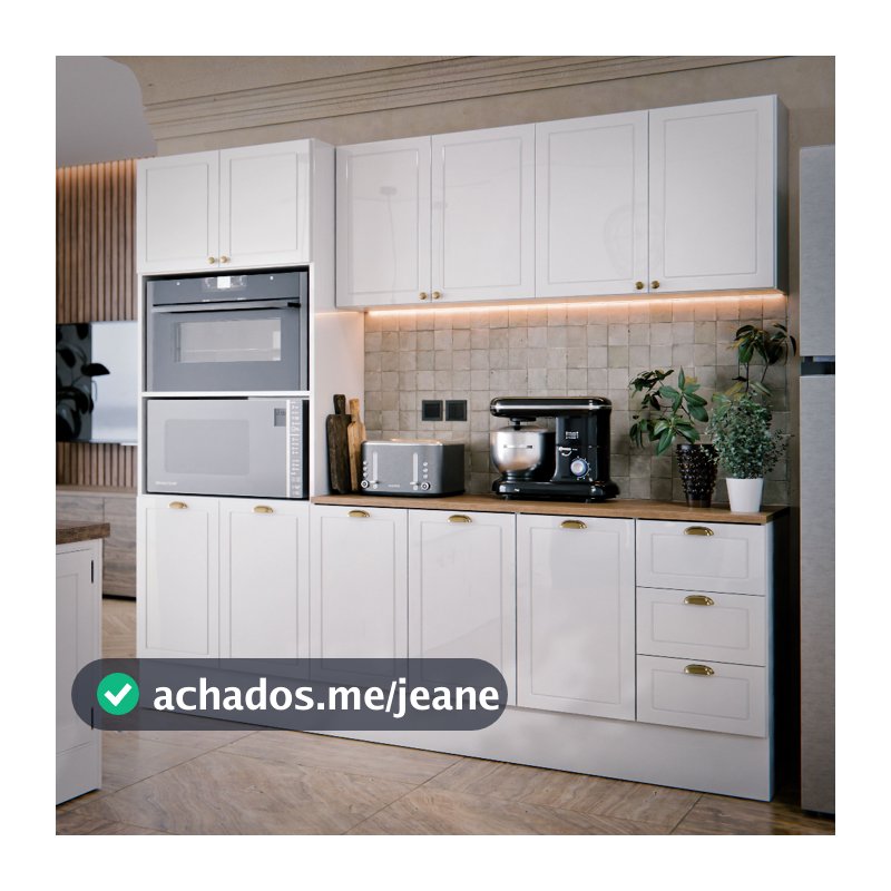 Cozinha Americana Completa 180cm Armário Aéreo e Balcão Suspenso 11 Portas e 3 Gavetas Com 2 Nichos Amplos e Prateleiras