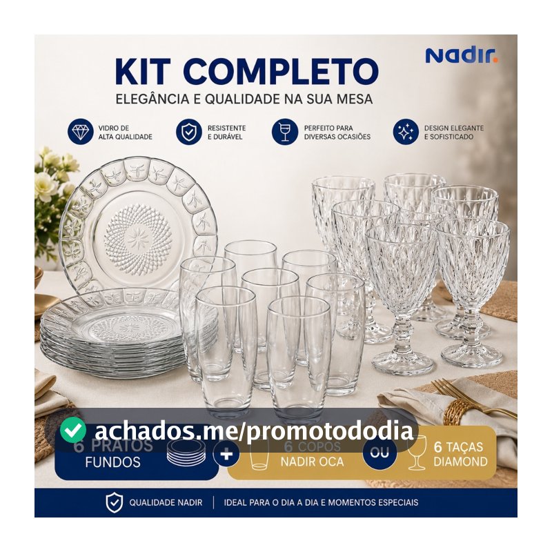 Kit 6 Copos ou Taças + 6 Pratos Fundos Vidro Resistente Jogo Mesa Cozinha
