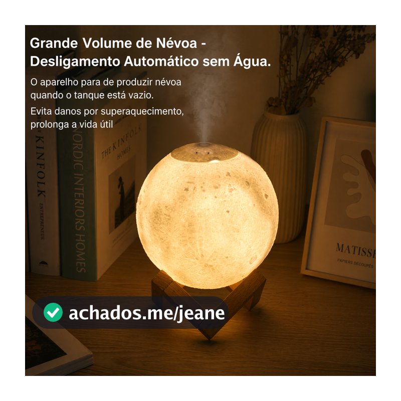 Luminária Umidificador Lua Cheia 3D Difusor Aromatizador 880ml LED Toque Silencioso + 6 Essências