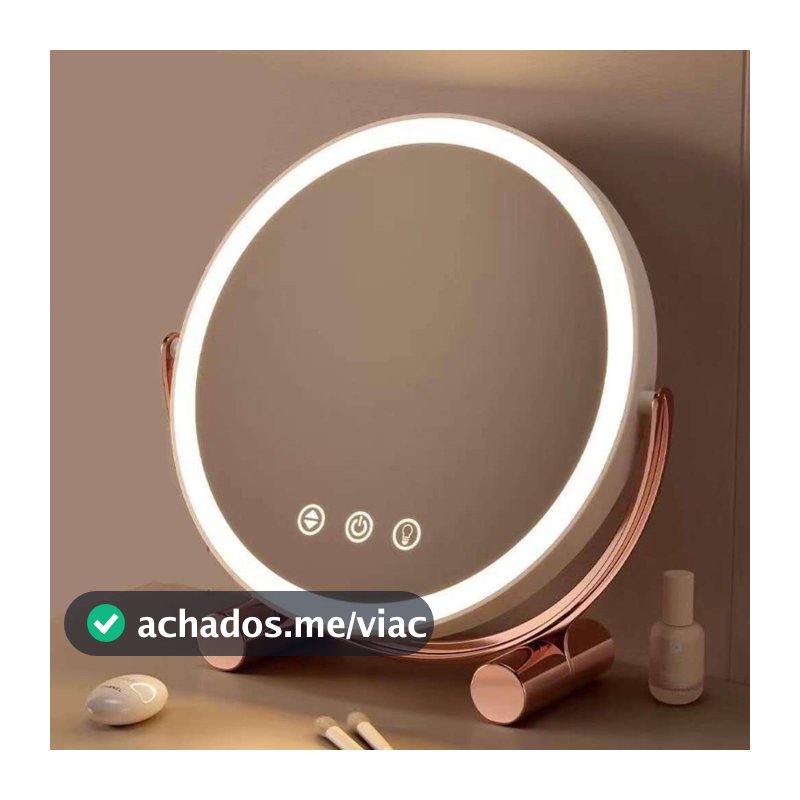 Espelho de Maquiagem com LED – Mesa Redonda, Madeira Bambu, Luz Branca, Recarga USB