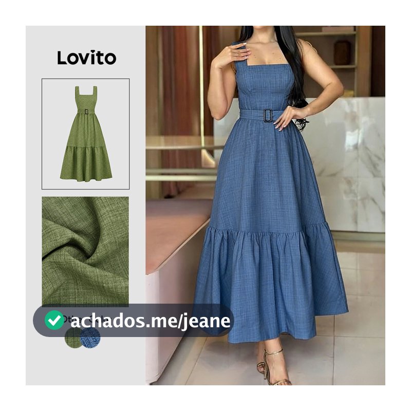 Lovito Elegante Vestido com Zíper e Cinto Barra com Babado Vestido Azul Primavera/verão para mulheres L34LD096