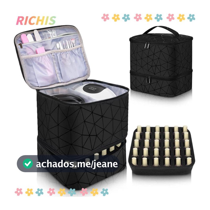 [RICHIS] Bolsa De Manicure , Organizador De Unhas De Nylon PU Com 30 Grades , Alça , Maquiagem De Camada Dupla