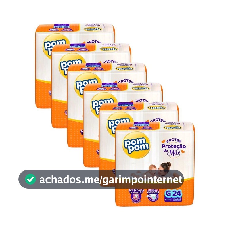 Fralda Descartável Pom Pom Derma Protek Jumbo Tamanho G - 6 Pacotes com 24 Fraldas - Total 144 Tiras