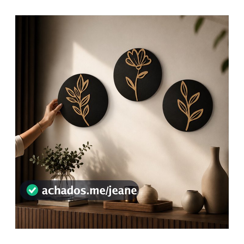 Kit 3 Quadros Redondos Decorativos MDF Flor Folhagem Preto 20x20cm Trio de Quadros Redondos