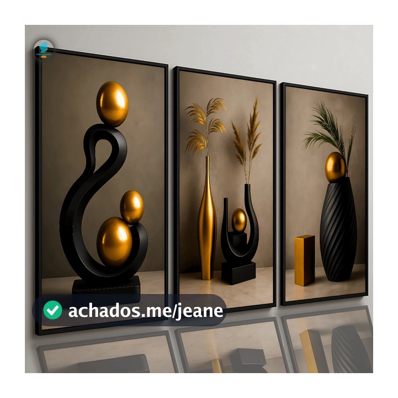 Quadros Decorativos Trio Abstrato Geométrico Moderno Escultura Dourada Luxo 80x60 Sala