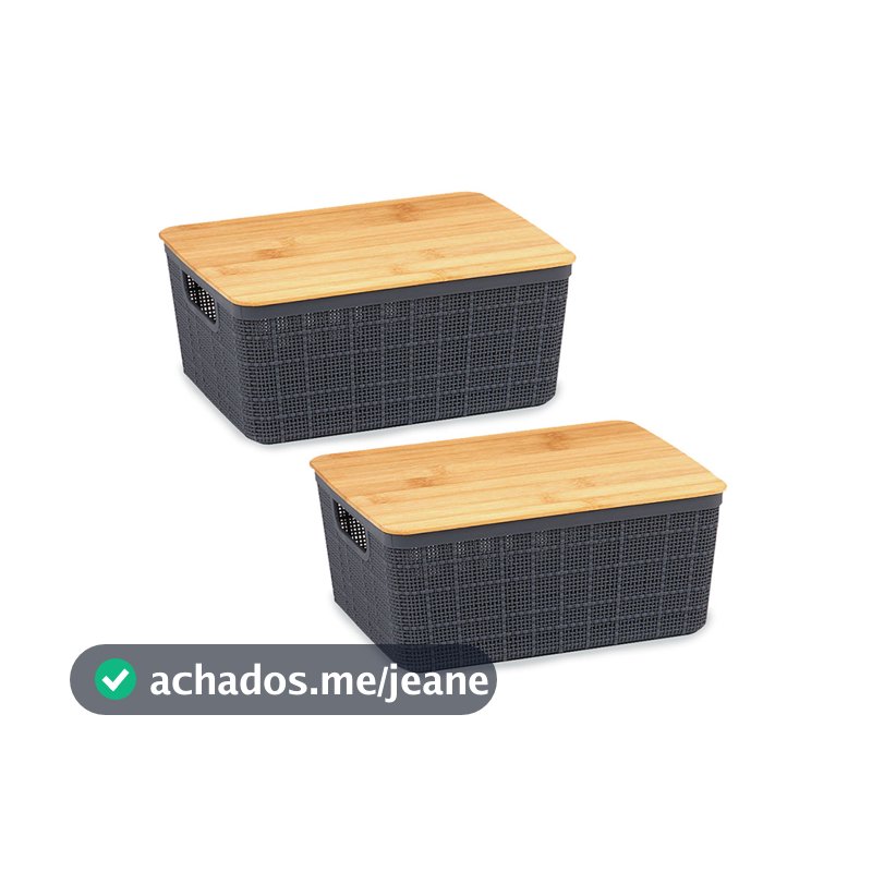 Kit 2 Caixas Organizadoras 12 Litros Cinza C/ Tampa Bambu Oikos