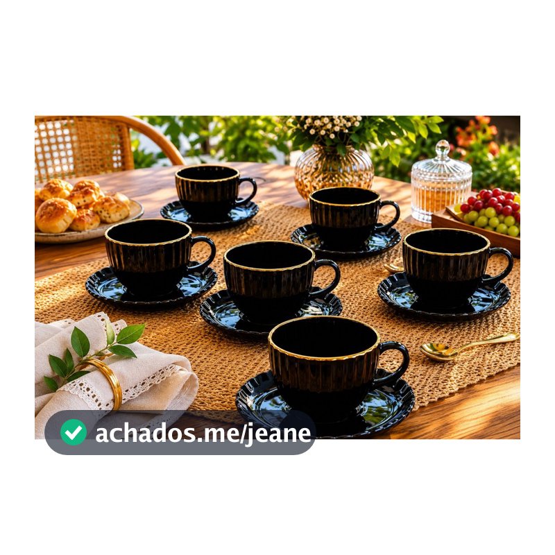 Conjunto Xícaras Preta Fio de Ouro Cha e Cafe 12 Peças Com Pires Vidro 100ml Decorada Borda dourada