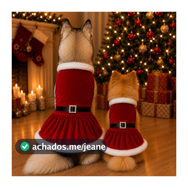 Vestido Natalino Pet Mamãe Noel Cachorro Pequeno Grande com Pelúcia Cinto Roupa de Natal Cães