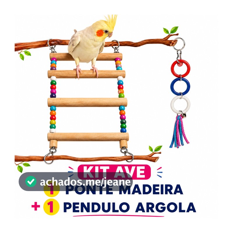 kit 2 Itens Brinquedos Para Calopsita Ponte De Madeira + Pendulo De Argola, Para Gaiola Periquito Rinq Neck