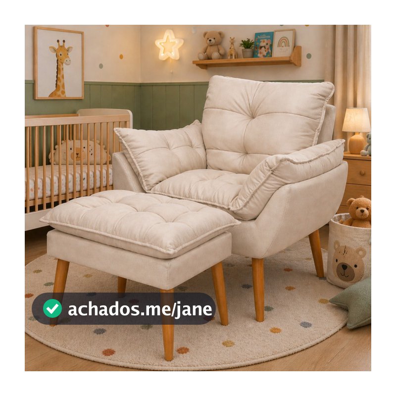 Kit Poltrona e Puff Bege Suede Decorativo Amamentação Pés Palito Fibra de Silicone - Sentta Furniture