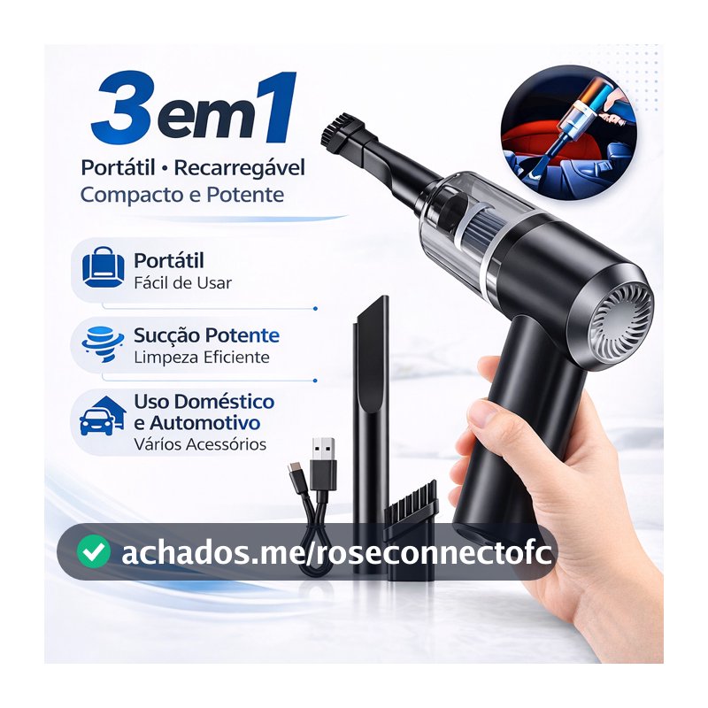 Aspirador de Pó Portátil 3 em 1 USB Recarregável sem Fio para Carro, Casa e Teclado