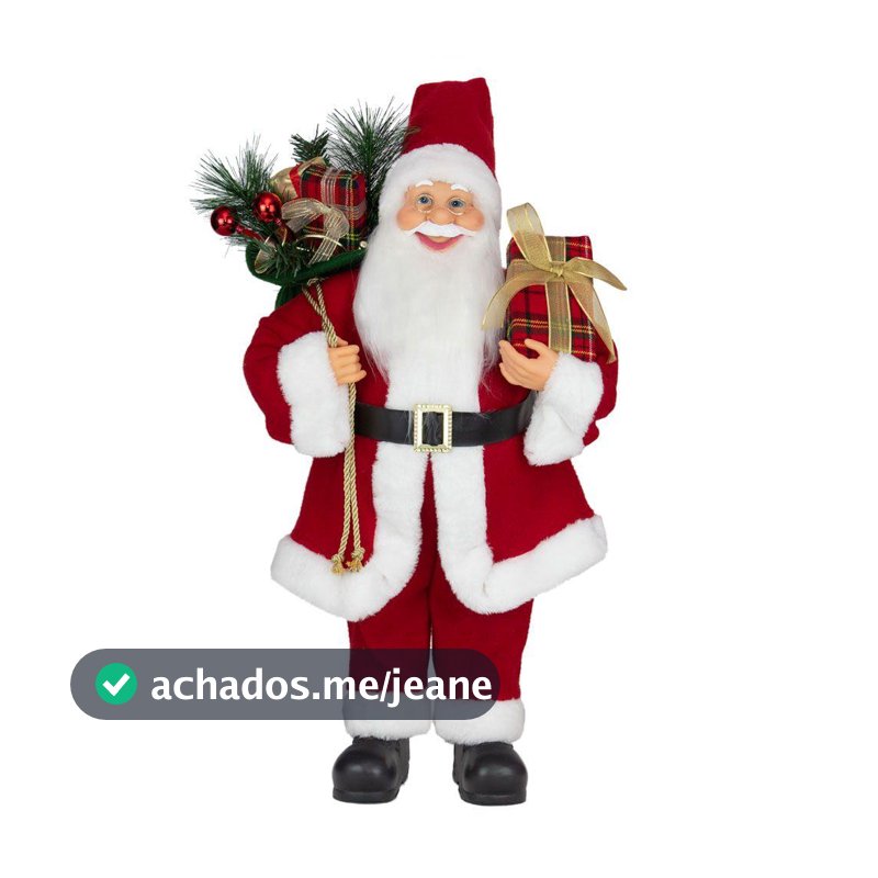 Papai Noel com Presente Xadrez Vermelho e Branco de 60cm como Enfeite de Natal