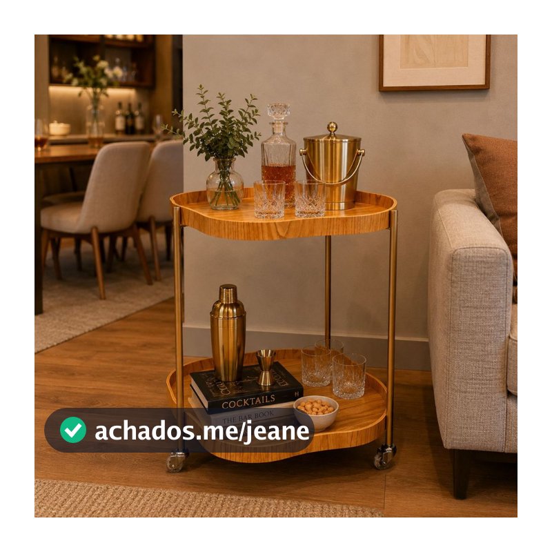 Carrinho Bar Orgânico Cinamomo Multiuso Dourado com Rodinhas Cristaleira Aparador Adega Decorativa Moderna Base em Aço