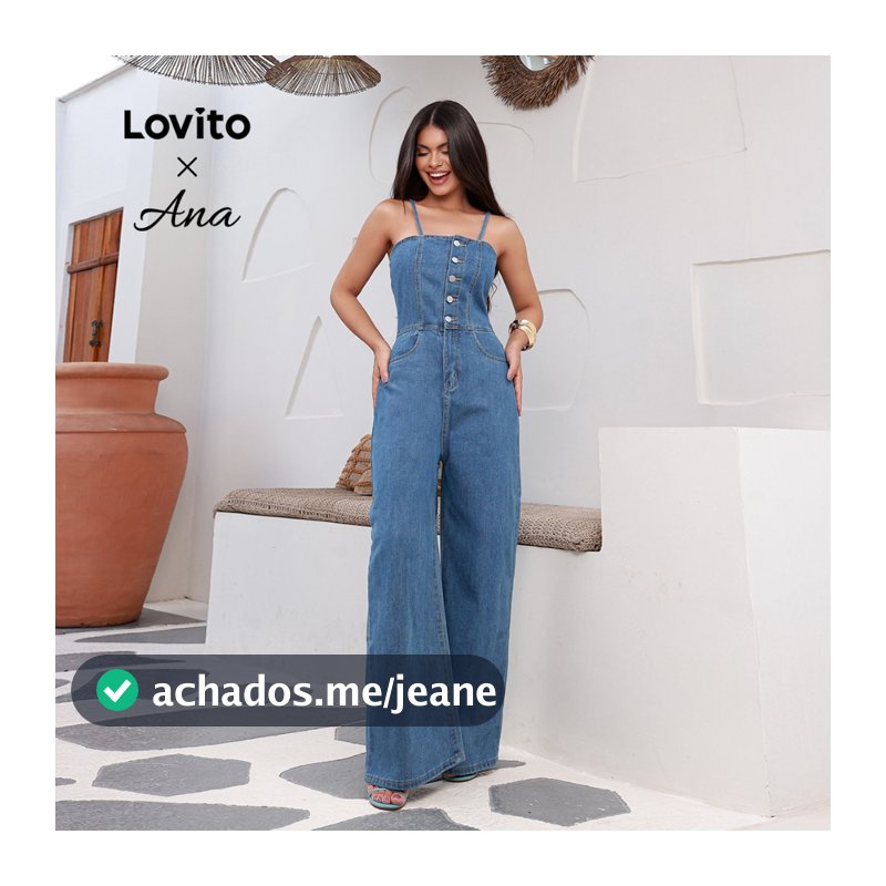 (Lovito x Ana) Casual Macacão Feminino Liso Lavado com Bolso e Botão Frontal LNE22047 (Multicolorido)