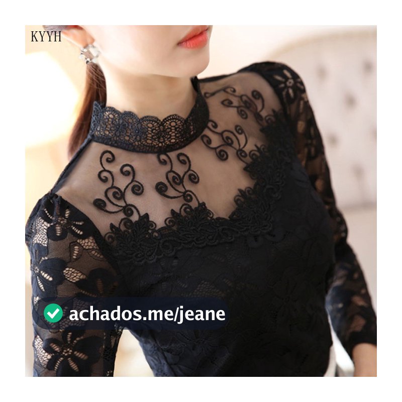 Blusa de Renda Preta Elegante de Manga Longa Estilo Coreano Feminina Nova KKIP