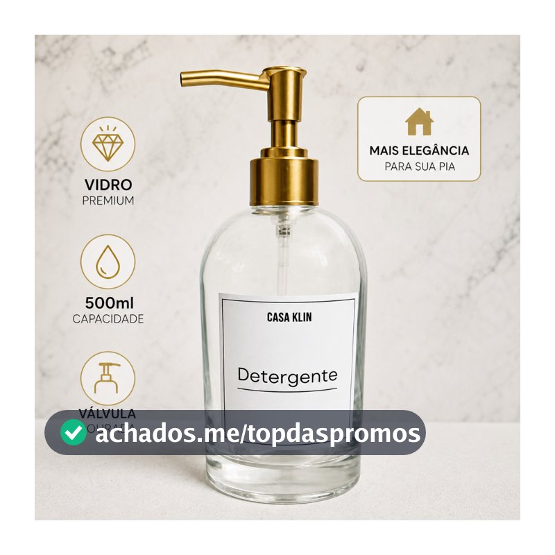 Porta Detergente Vidro 500ml com Válvula Dourada/Dispenser Luxo Cozinha Banheiro