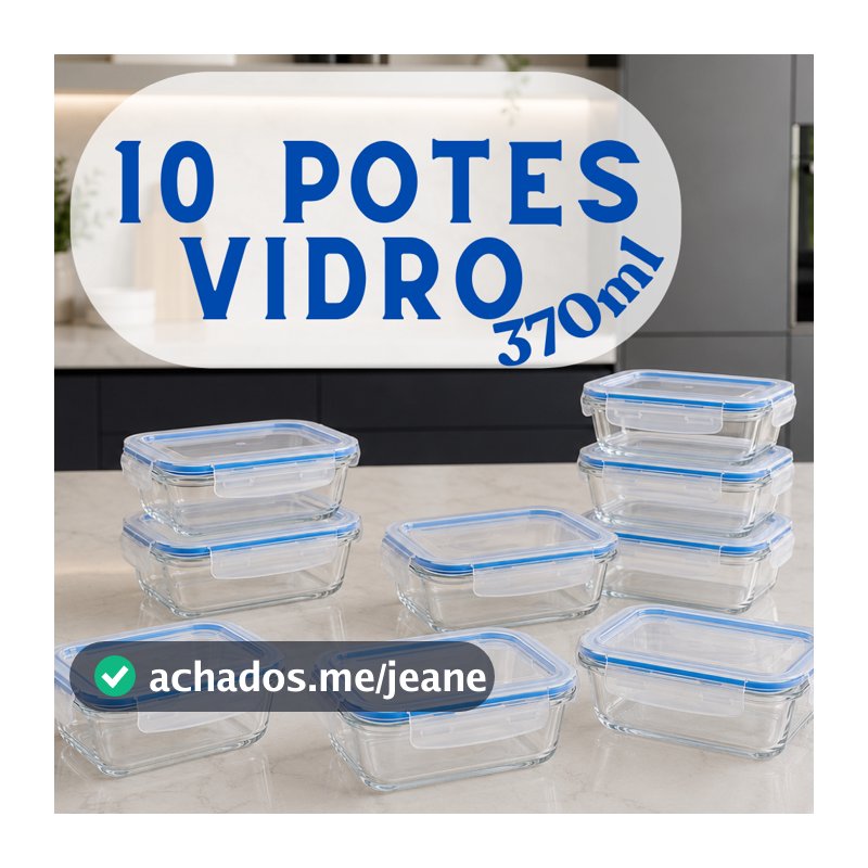 Kit 10 Potes Herméticos Vidro 370ml Retangular Tampa 4 Travas Marmita Freezer Cozinha