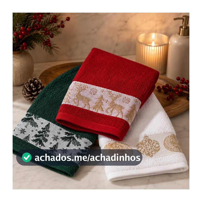 Toalha de Lavabo Natalina Bordada 100% Algodão 30x50cm Toalha de Mão Visita Macia Felpuda Premium Banheiro