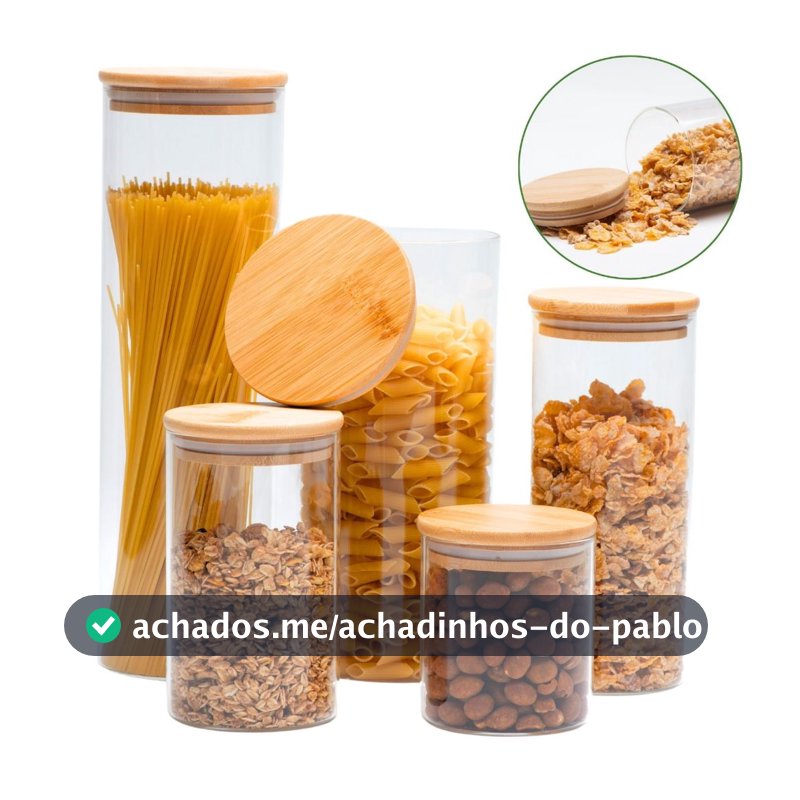 05 Potes de Vidro Hermético Transparente Tampa Bambu Porta Alimentos