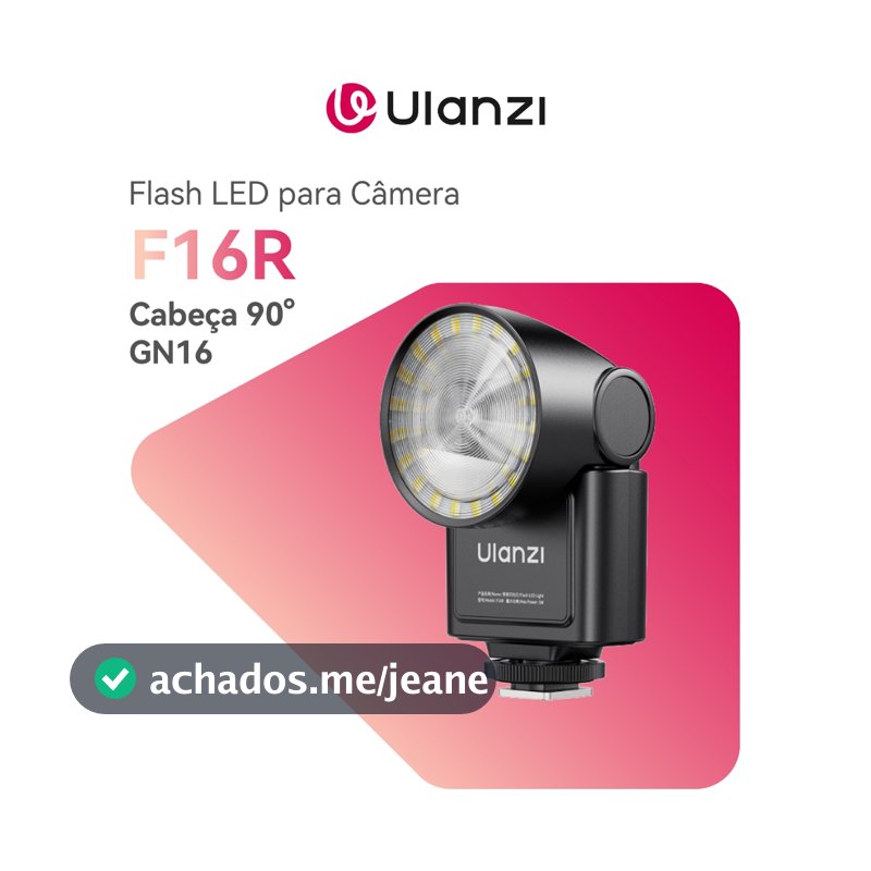 ULANZI F16R Flash LED para Câmera GN16, 90° Tilt, Luz Contínua 2500K-6500K, 550 Disparos