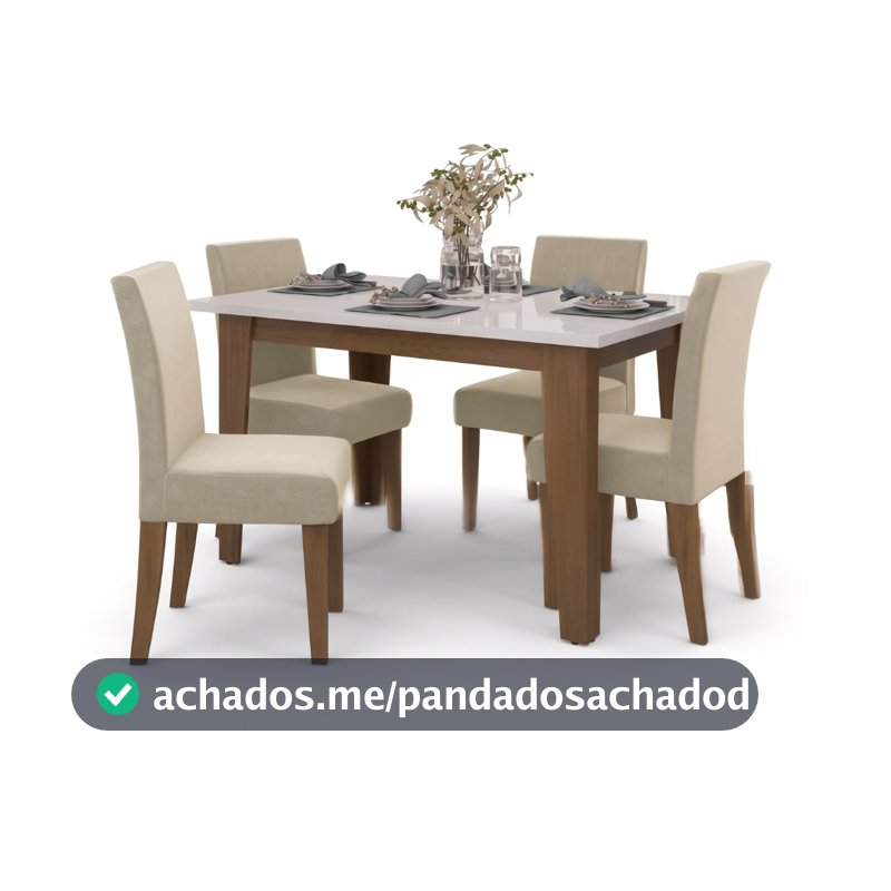 Conjunto de Mesa Sala de Jantar Miami com 4 Cadeiras Trieste Suede 1,20m Cedro / Off White / Areia D
