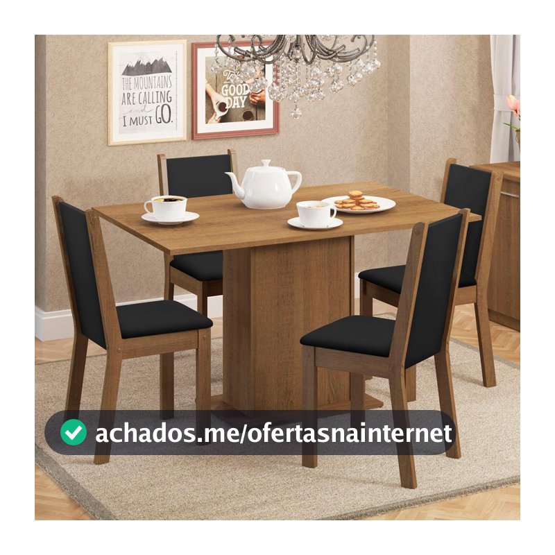 Conjunto Sala de Jantar Madesa Talita Mesa Tampo de Madeira com 4 Cadeiras - Rustic/Preto/Sintético Preto