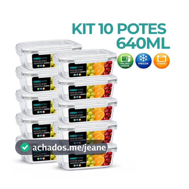 Kit Potes de Vidro 640ml/340ml Hermético Marmita Fit com Tampa 4 Travas