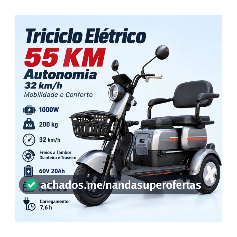 Triciclo Elétrico 60V 1000W Bateria 60V 20Ah Autonomia 50-55km Carga 200kg Freio Tambor Suspensão Hidráulica Adultos