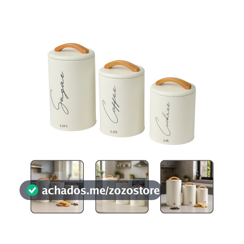 Kit 3 Potes Herméticos Mantimentos Lata Com Tampa E Alça Em Bambu Açúcar Café E Cookies
