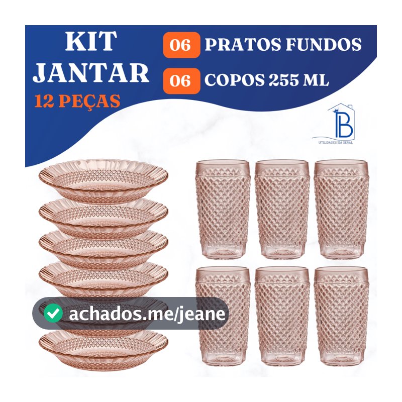 Jogo de Jantar - 6 Pratos Fundos de Vidro e 6 Copos de Vidro