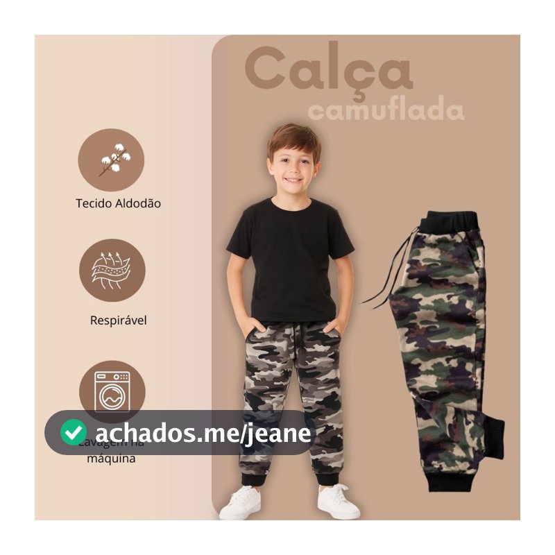 Calça camuflada infantil e juvenil unissex - Tam 1 ao 16 anos.