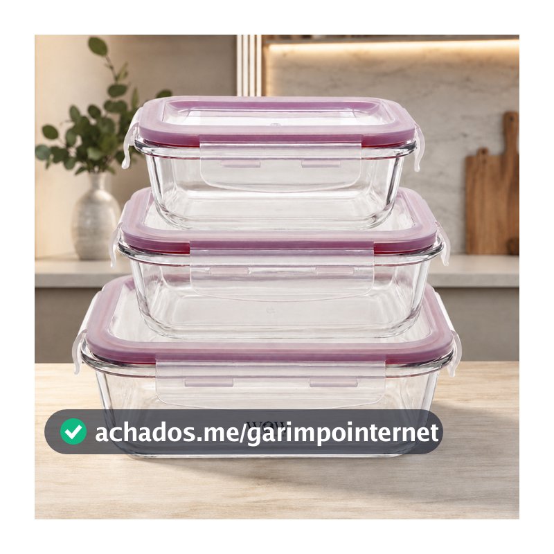 Kit 3 Potes De Vidro Herméticos com Trava para Alimentos Refratário