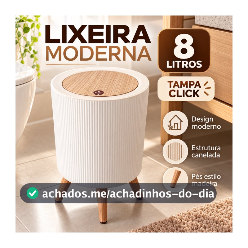 Lixeira 8 Litros Tampa Click Pé de Madeira Canelada Retrô para Banheiro Lavabo Quarto Escritório