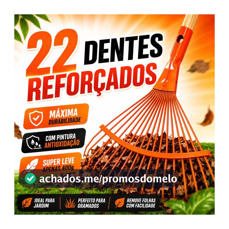 Rastelo Vassoura Jardinagem 22 Dentes Ferro Reforçado Limpeza Jardim Quintal Grama