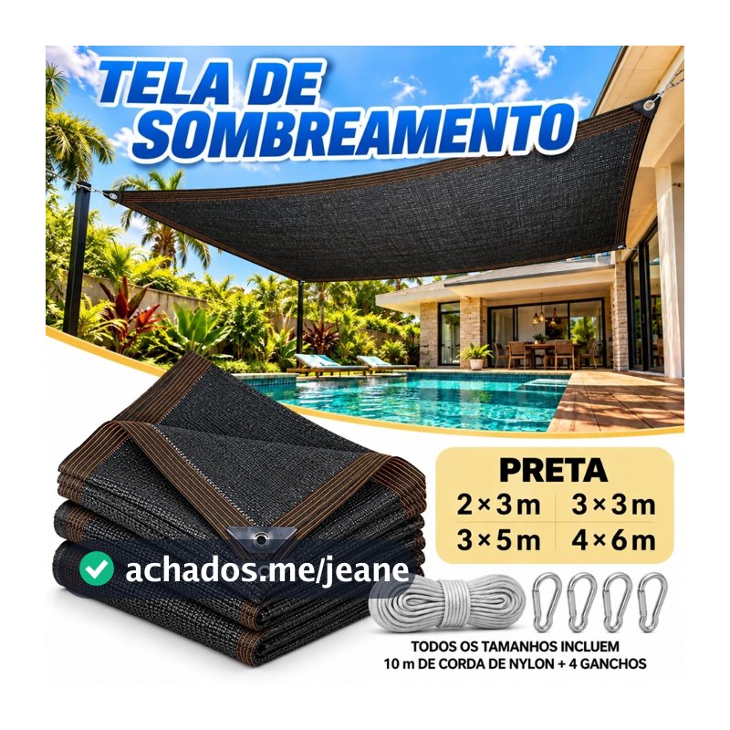 Tela Sombrite 90% Preta com Ilhoses para Garagem e Piscina + Corda 10m e 4 Ganchos