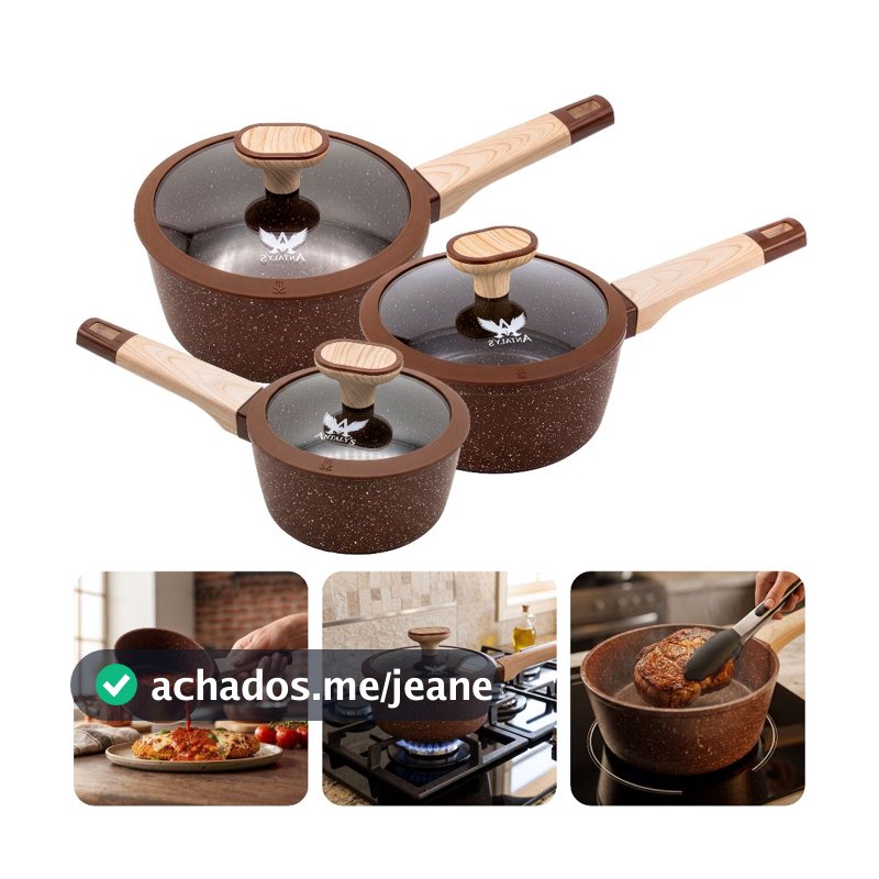 Jogo de Panela Caçarola Cabo Baquelite Cerâmica 6 Peças Revestimento Antiaderente Com Tampa de Vidro Silicone