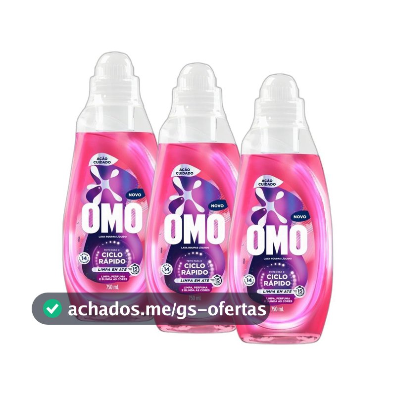 Kit 3 Lava-Roupas Líquido Omo Ciclo Rápido Ação Cuidado Frasco 750ml cada