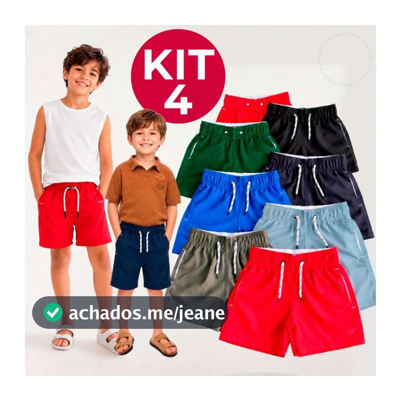 Kit 4 Short Bermuda Infantil Juvenil Tactel Menino Praia Com Bolso Elastano Premium 2 a 16 Anos