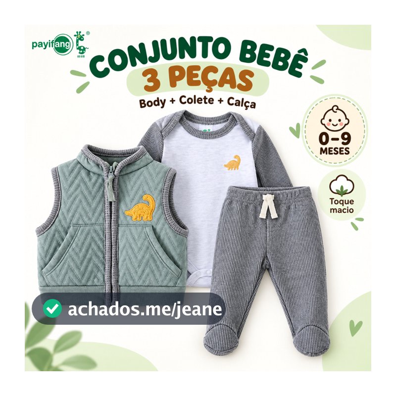 Conjunto Bebê Menino 3 Peças Body Manga Longa Colete Acolchoado Calça Dinossauro Outono Inverno 0 a 9 Meses