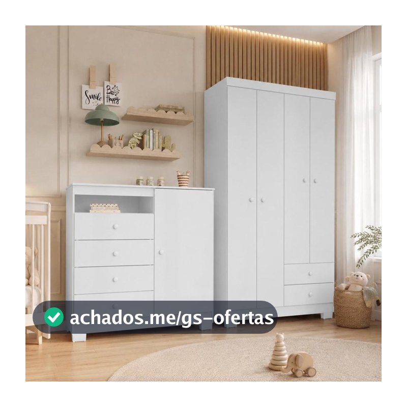 Guarda Roupa Infantil 4 Portas 2 Gavetas Com Cômoda 1 Porta 4 Gavetas Aquarela Branco Azul e Rosa  Clique Chique Móveis