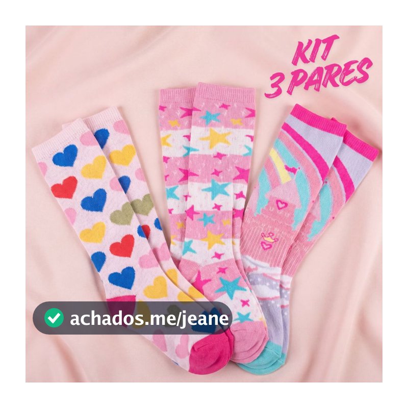Kit 3 Pares Meia Infantil Menina Galochita 3/4 Algodão Cano Longo Colorida Estampada