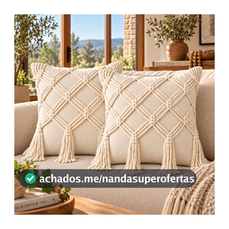 Kit 2 Capas de almofadas Decorativas algodão Pompom Trance Boho Chic Rustica Artesanal Cru