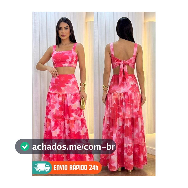 Conjunto Feminino Cropped Ajustável e Saia Longa Cintura Alta Suede Premium Estampado Tropical Chic