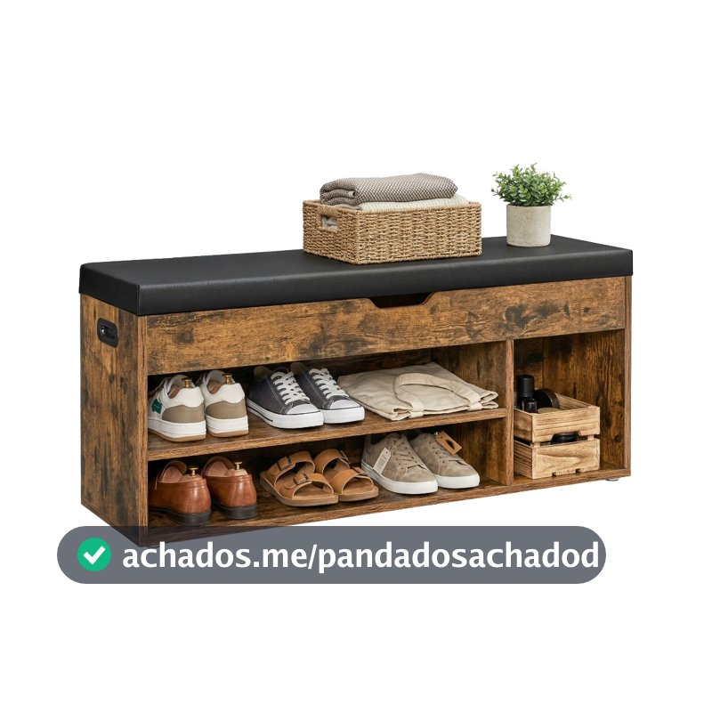 SONGMICS Banco estofado para sapatos com compartimentos e prateleiras, assento almofadado, suporta 136 kg,marrom e preto