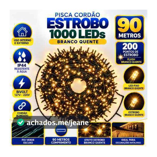 Cordão 1000 Leds Com Strobo 90 Metros Prova D'água Natal Bivolt